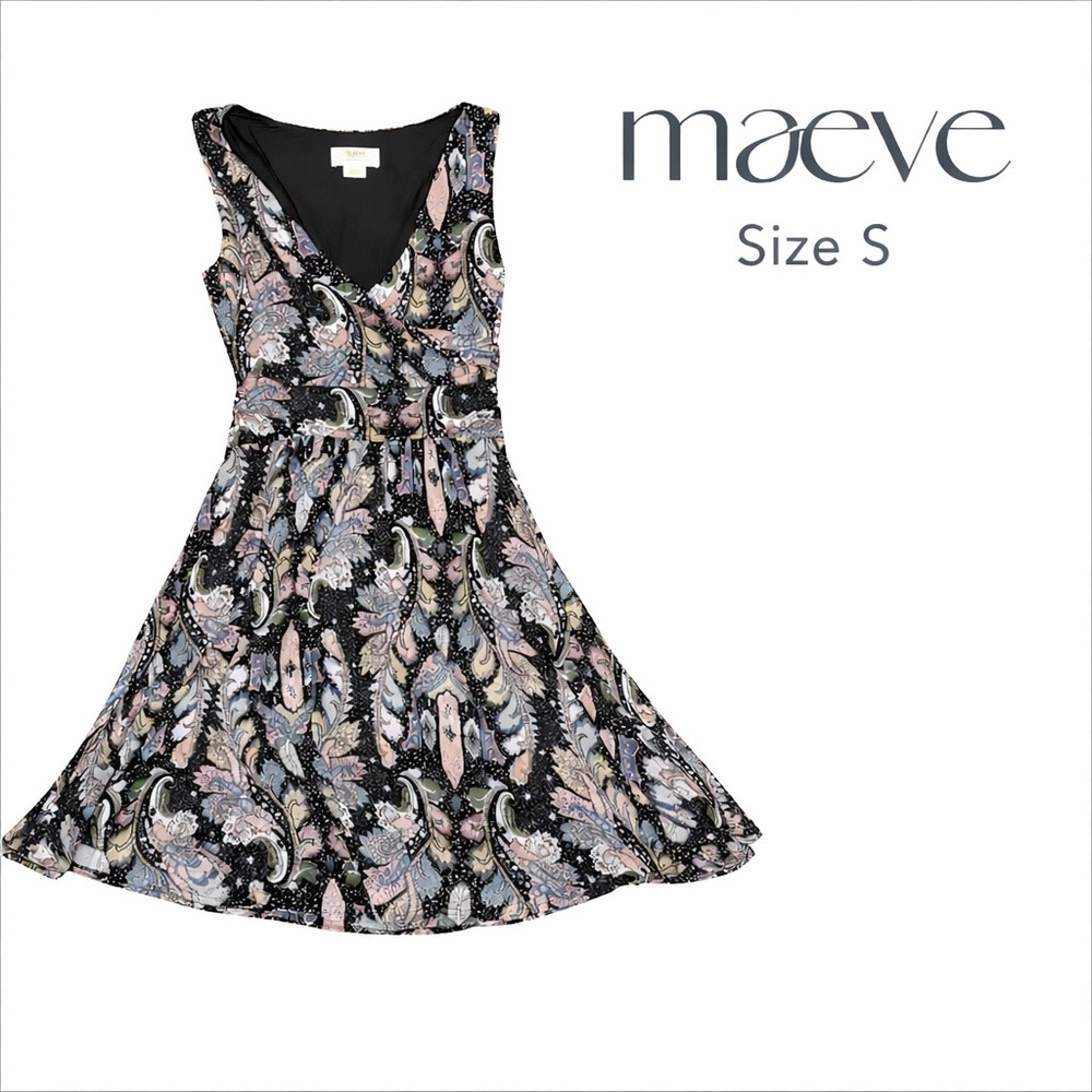 Maeve Anthropologie Womens Leslie Midi Paisley Faux Wrap V-Neck Dress Black S